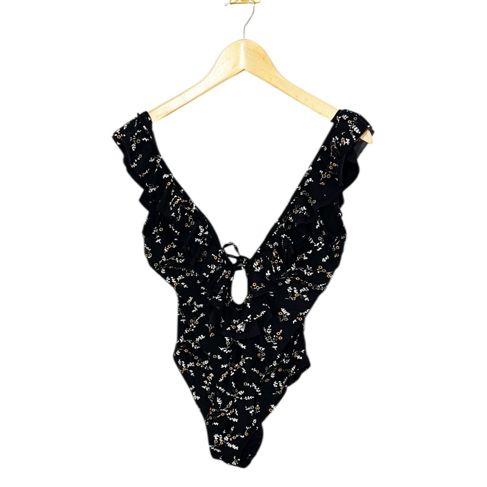 MICHAEL KORS Black Floral One Piece Swimsuit Deep Vneck & Vback Size 12